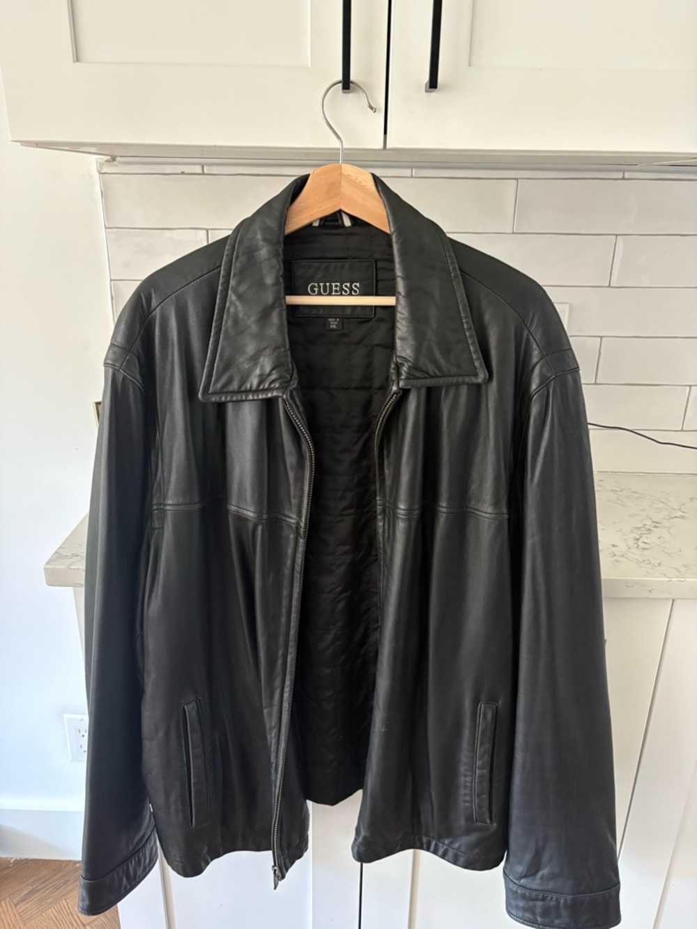 Guess Black Leather Bomber Jacket